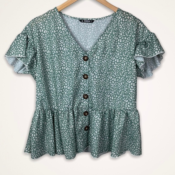 SHEIN Tops - Shein Peplum Button Down Leopard Print Top S
